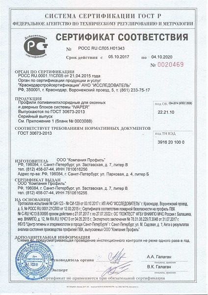 Сертификат Сертификат на профили для оконных и дверных блоков IVAPER